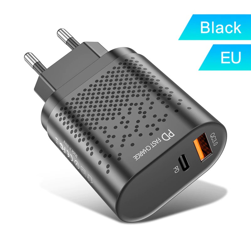 SDi7 USLION Charger USB Type C USB A PD QC 3.0 20 W 2 Port BK-384 Black By Pro