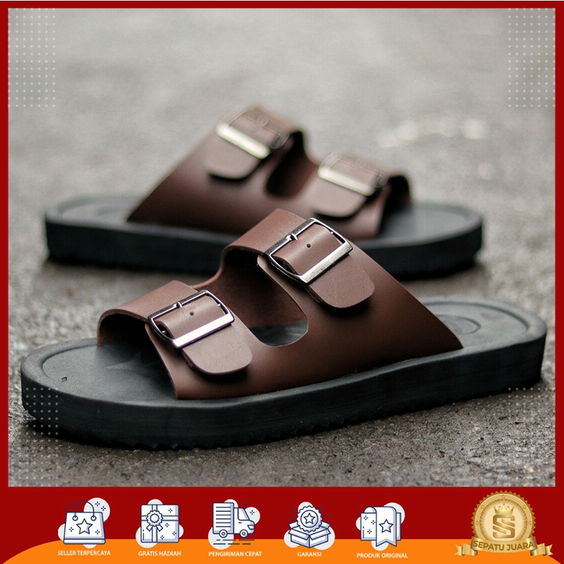 SPJ x FURY - Sandal Selop Pria Kasual Bahan Kulit Premium - Sendal Slide Tanpa Tali Casual Indoor Ru