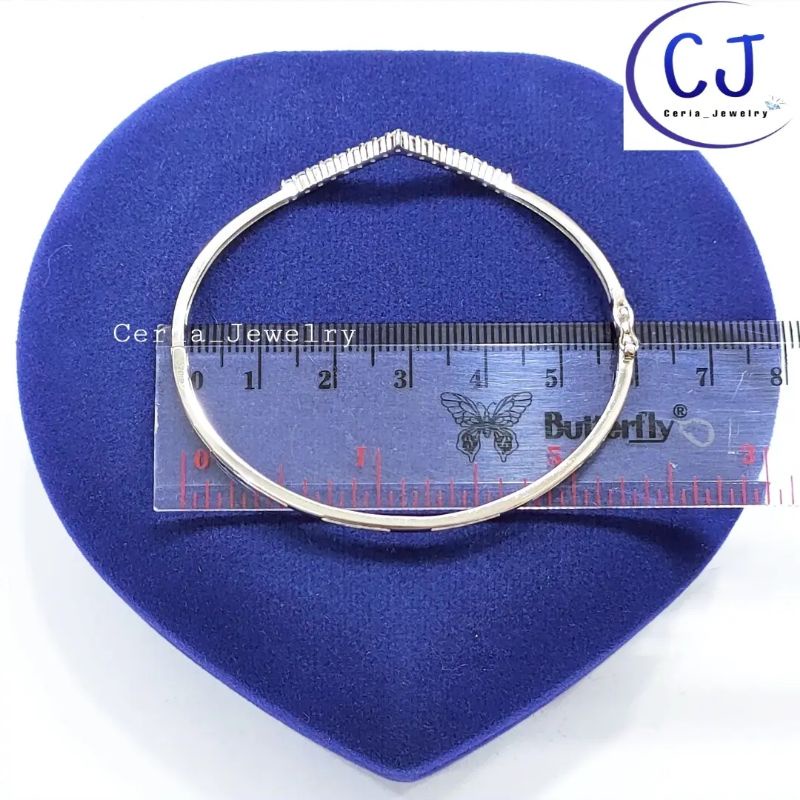 Gelang Perak Asli Silver Wanita 925 Lapis Emas Putih Model Bangle Oval Fuji Permata Full Kaku - Perhiasan Perak Wanita Asli