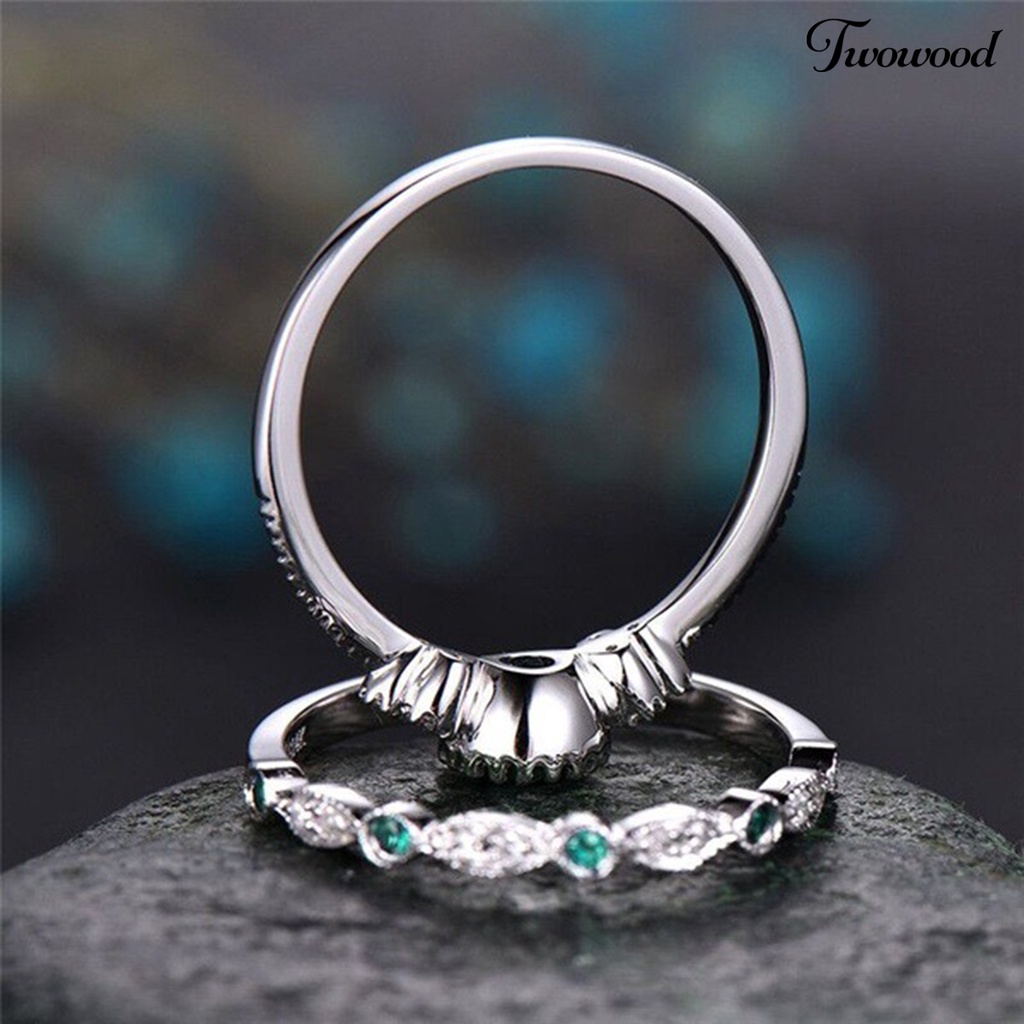 Twowood 2Pcs Engagement Rings Geometric Green Cubic Zirconia Ladies Sparkling Exquisite Finger Rings Jewelry Accessories