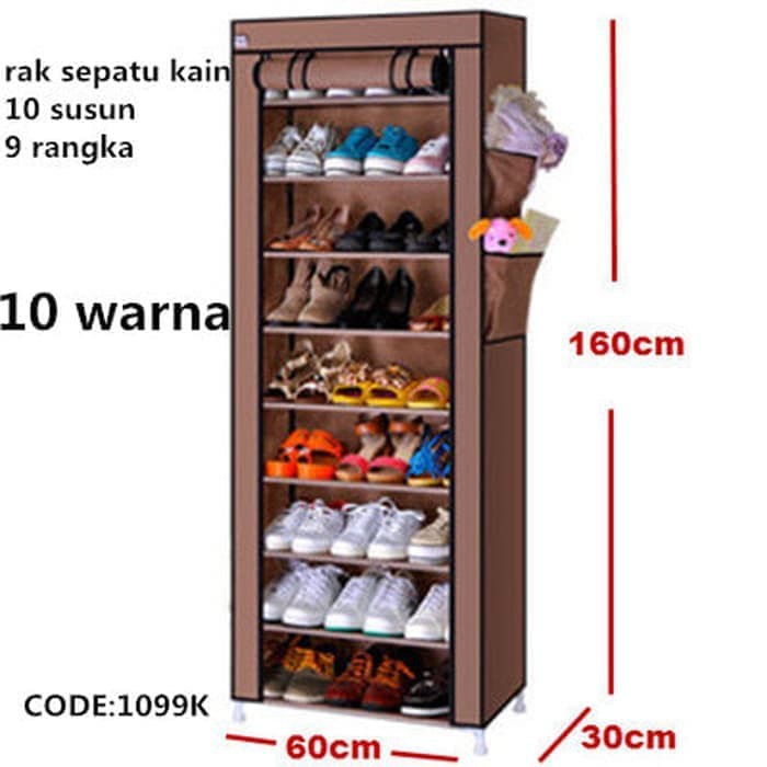 Rak Sepatu 10 Tingkat + Cover Debu Polos Susun 9 Ruang 1099 Brown