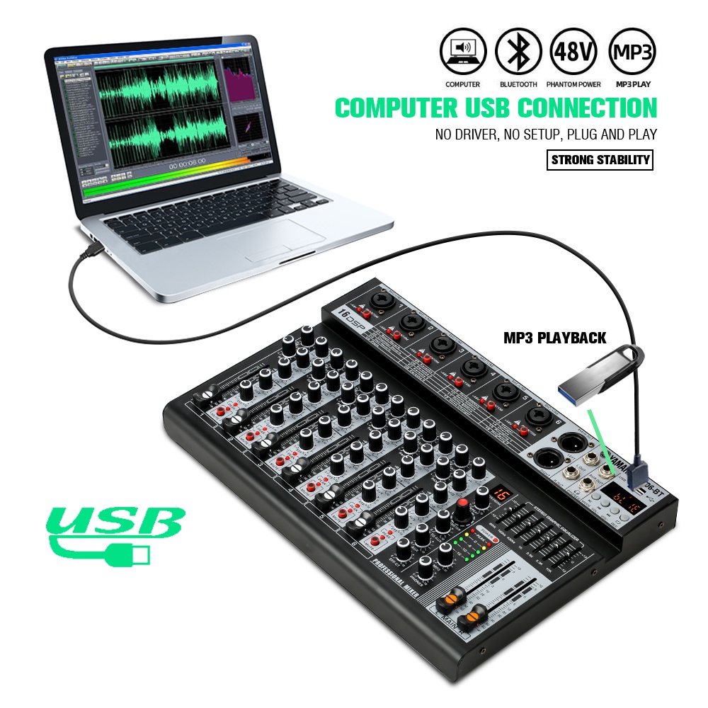 [Asli]  MX06BT mixer profesional 6-channel built-in EQ 16DSP Bluetooth/USB/PC/MP3 playback mode EQ/alat perekam built-in peralatan pencampuran peralatan live DJ