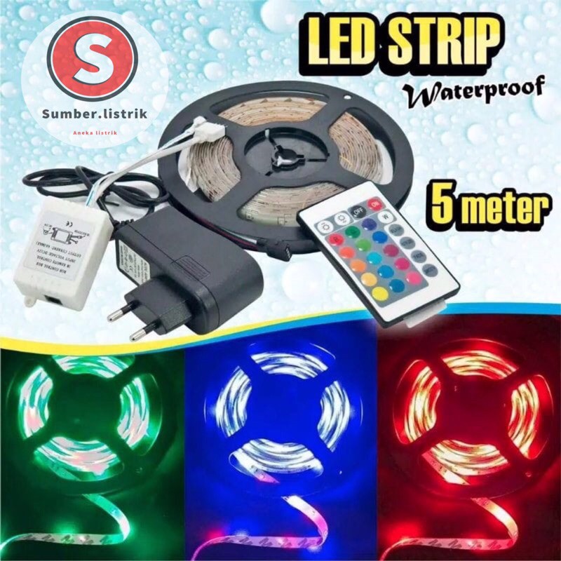 LAMPU LED  STRIP 3528 2835 RGB WATERPROOF WARNA WARNI IP44 5M AC 220V + ADAPTOR + REMOTE 3528