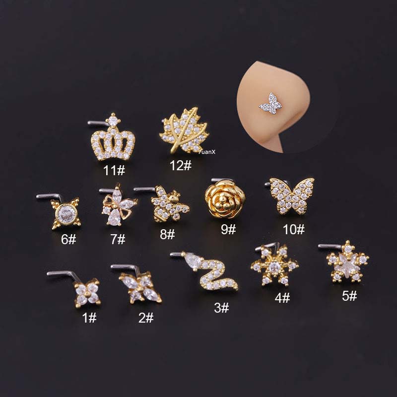 1pc Anting Tindik Hidung Bentuk L Bahan Stainless Steel Hias Zircon 20gauge Butterflylebahbunga Mawar