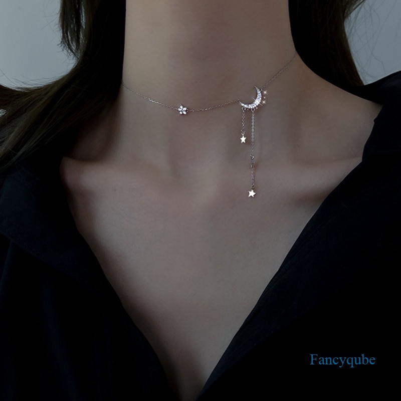 Fancyqube Kalung Choker Sterling Silver 925 Model Bulan Bintang Rumbai Untuk Wanita
