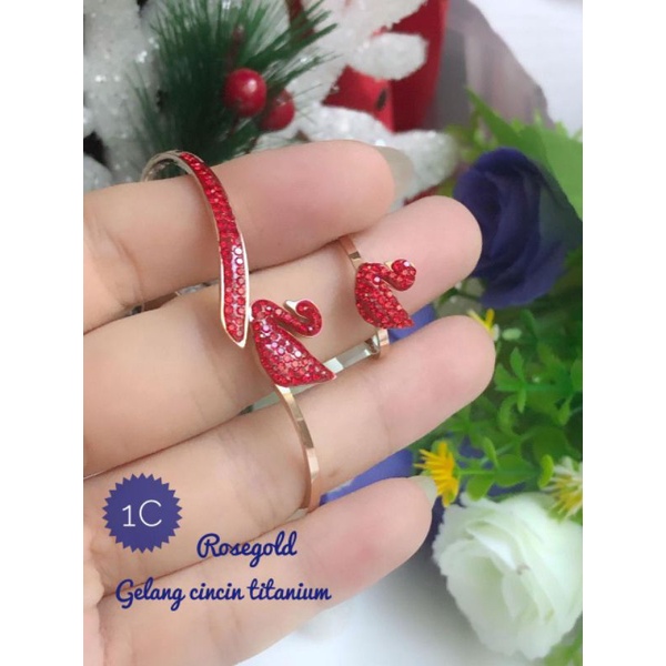 [Titanium] set angsa gelang cincin merah angsa titanium rosegold permata merah anti karat mewah cant