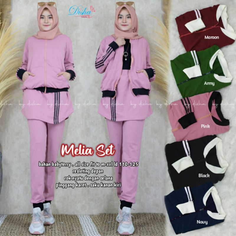 SETELAN OLAHRAGA WANITA MELIA SET BY DISHA/BEBYTERRY ALLSIZE LD 110-125 RESLETING DEPAN BUSUI/ROK NY