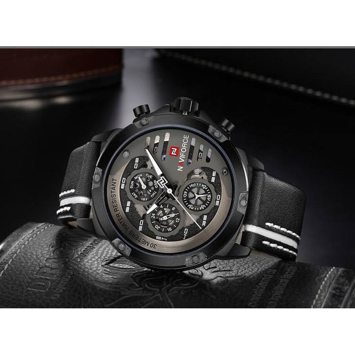 Diskon Jam Tangan Pria Cowok Naviforce NF9110 Original Leather Black White Terlaris