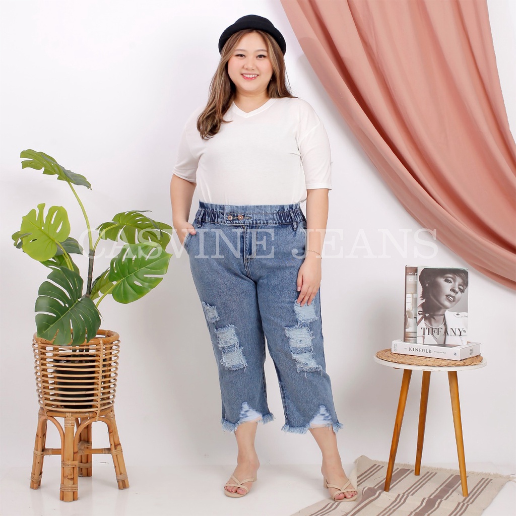 BOYFRIEND JEANS RUBBER BF 190 PINGGANG KARET SOBEK DESTROY SUPER JUMBO 31-38 39-42