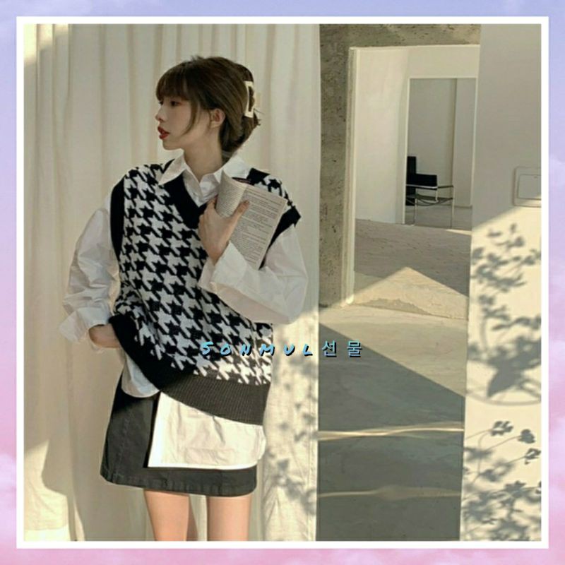 IMPORT WOMAN WINTER AUTUMN HOUNDSTOOTH KNIT VEST ROMPI WANITA RAJUT MUSIM DINGIN