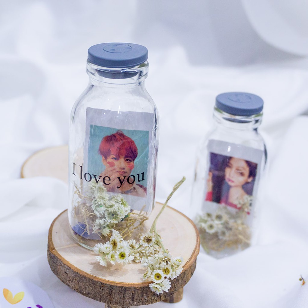 [custom] Botol Kaca Unik dengan Foto Bunga Kado Pajangan