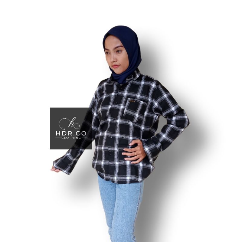 HDR.CO Kemeja Flanel Wanita distro Lengan Panjang Kemeja Flanel Kotak Kotak cewek