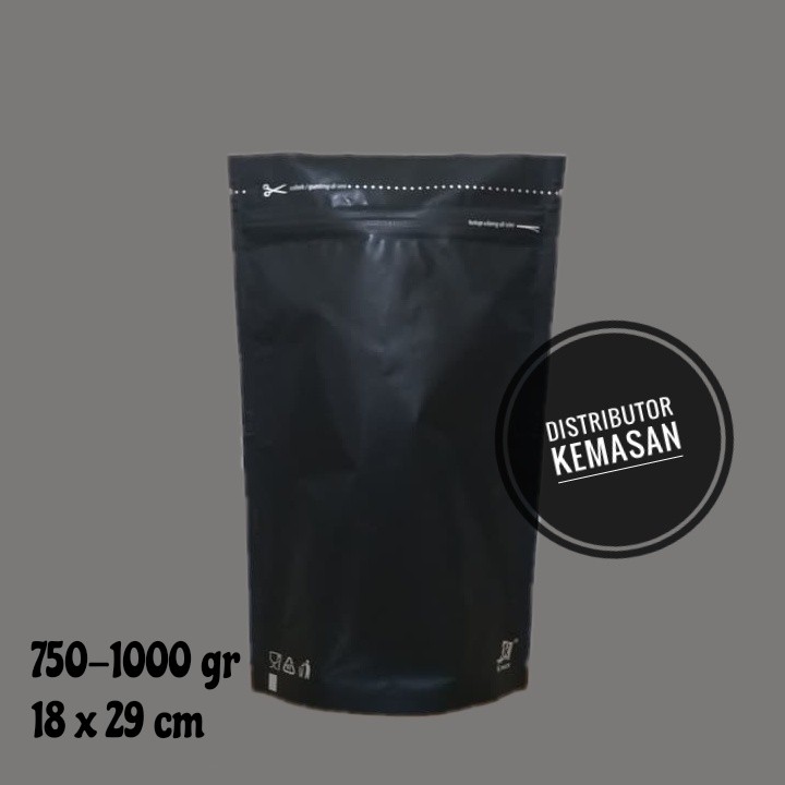 Kemasan Stand Standing Pouch Aluminium Foil Black Hitam Doff Matte Kemasan Kopi Zipper Klip 1 kg