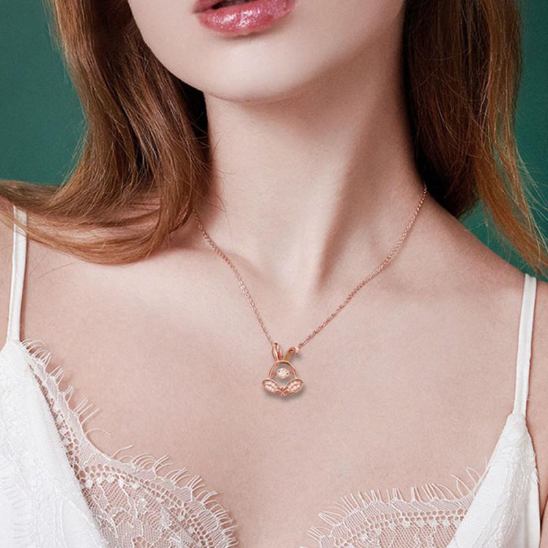 XiaoboACC Kalung Rantai Titanium Steel Lapis Rose Gold 18K Liontin Kelinci Hias Berlian Ukuran Untuk Wanita - 38CM + 6CM