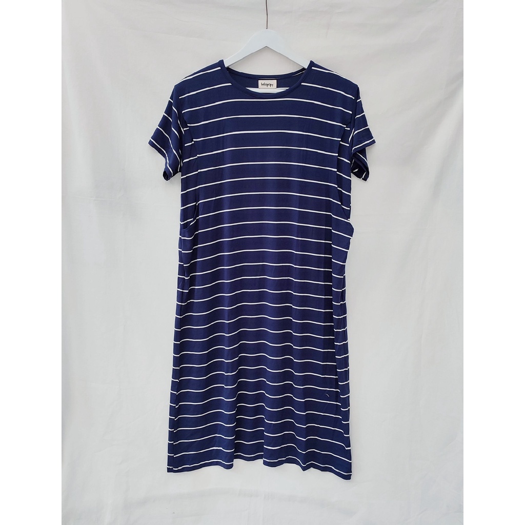LAURA Baju Busui Bukaan Samping Kanan Kiri Murah | Dress Menyusui Kaos-Navy Stripe