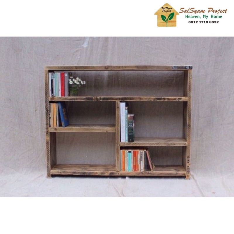 LEMARI RAK BUKU KAYU JATI BELANDA MOTIF BAKAR / LEMARI RAK SERBA GUNA