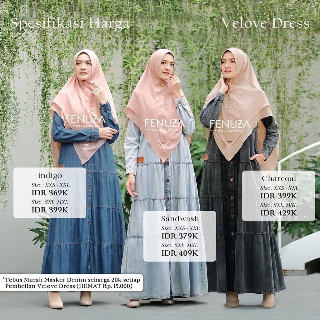 Gamis VELOVE Denim Dress Ruffle Syari Kasual Look by Fenuza Muslim Wear