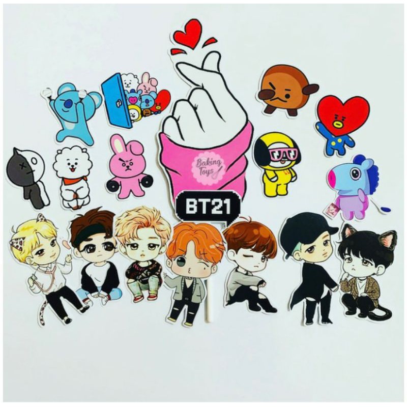 BT21 Mix BTS Cartoon With Love Jari Topper Cake Birthday / Hiasan Kue Ulang Tahun