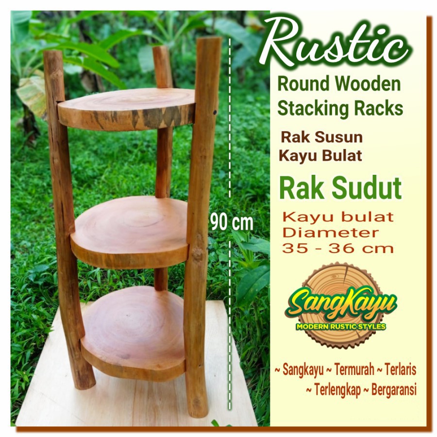 SangKayu Rak Sudut Kayu Bulat Rak Susun Kayu 3 Tingkat 35-37 cm Rak Serbaguna