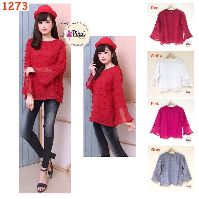 Baju brokat murah / blouse brukat polos / atasan lengan terompet / blouse bunga / blouse hijab 1273