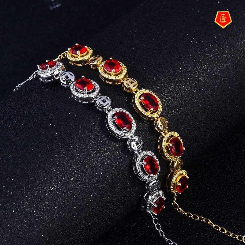 [Ready Stock]Luxury 18K Gold Ruby Inlaid Colored Gems Bracelet