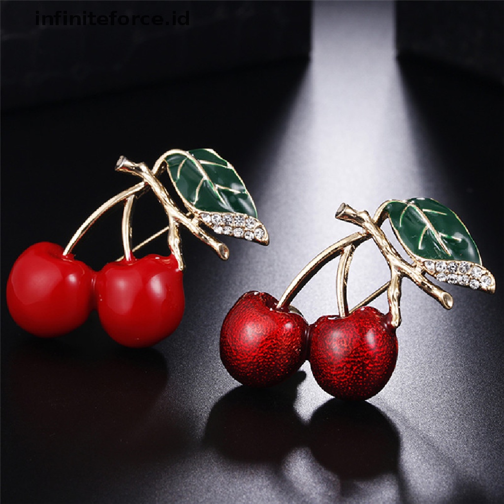 Bros Pin Enamel Bentuk Cherry Merah Bahan Metal Aksen Kristal Untuk Sweater