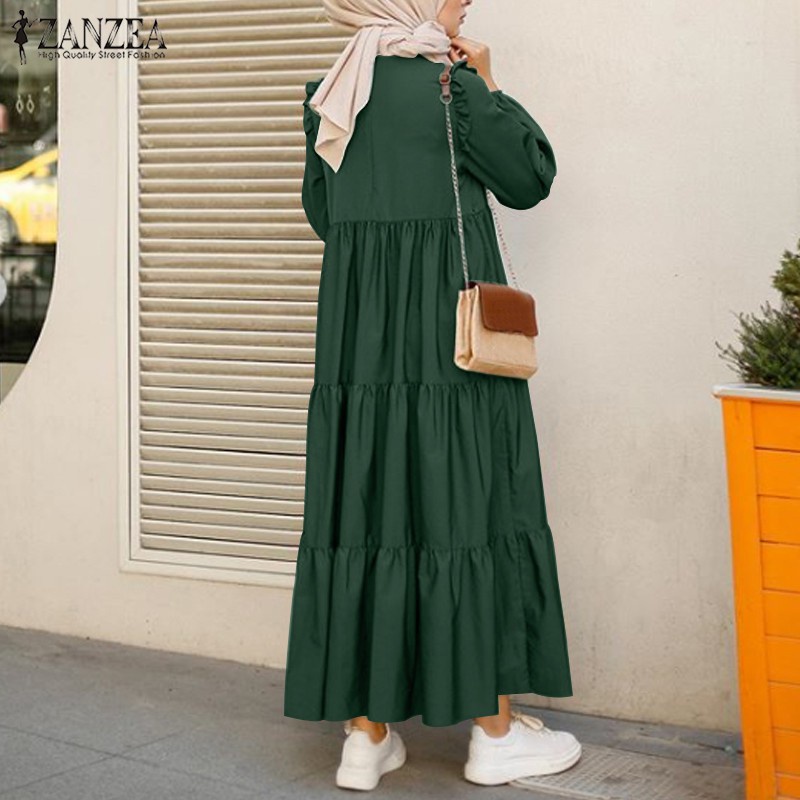 ZANZEA Women Long Sleeve Ruffled Casual Tiered Layered Muslim Long Dress