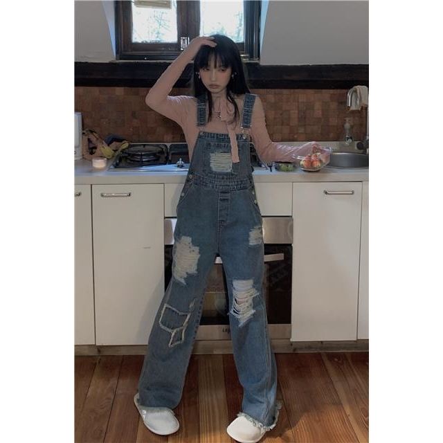 Overall denim robek retro untuk wanita musim panas baru dengan pinggang tinggi celana pel retro berk