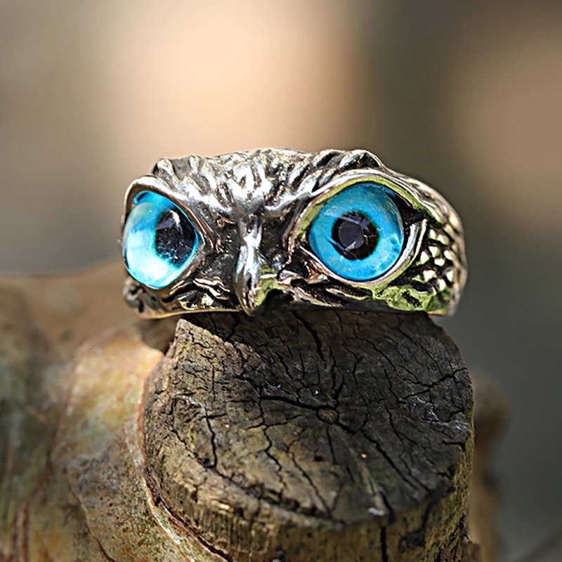 Cincin Adjustable Desain Burung Hantu Mata Biru Bahan Alloy Gaya Vintage Untuk Pria Dan Wanita