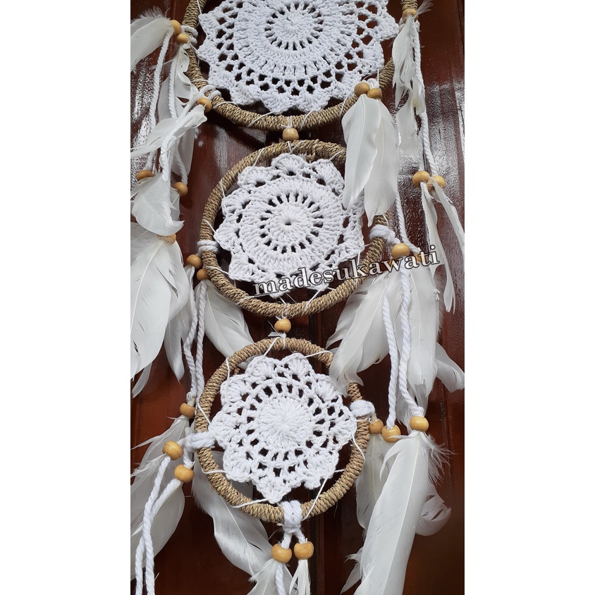 Dream catcher tingkat 3 sulam jaring benang panjang 68cm dekorasi hiasan rumah bulu ayam