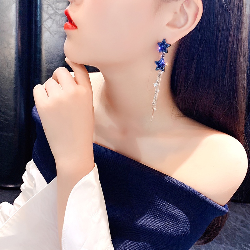 Anting s925 silver needle Bentuk pentagram Aksen Kristal Mutiara Rumbai Gaya Korea Untuk Wanita