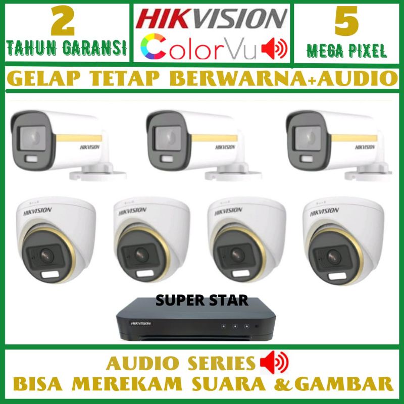 PAKET CCTV HIKVISION COLORVU 8 CHANNEL 7 KAMERA 5MP AUDIO GELAP TETAP BERWARNA