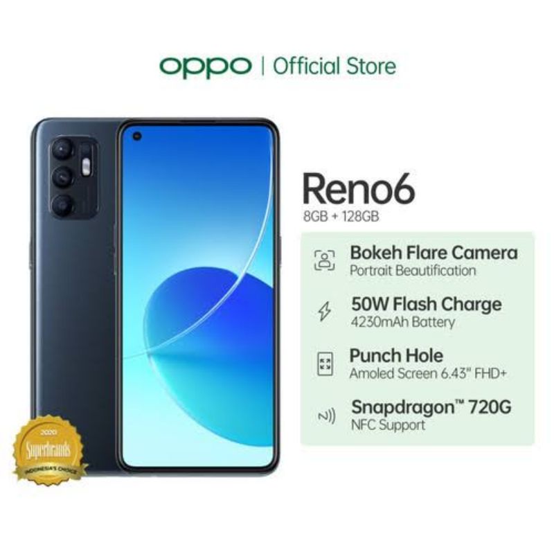 Oppo Reno 6 Black New 8/128GB (4G) Garansi Resmi Oppo Indonesia