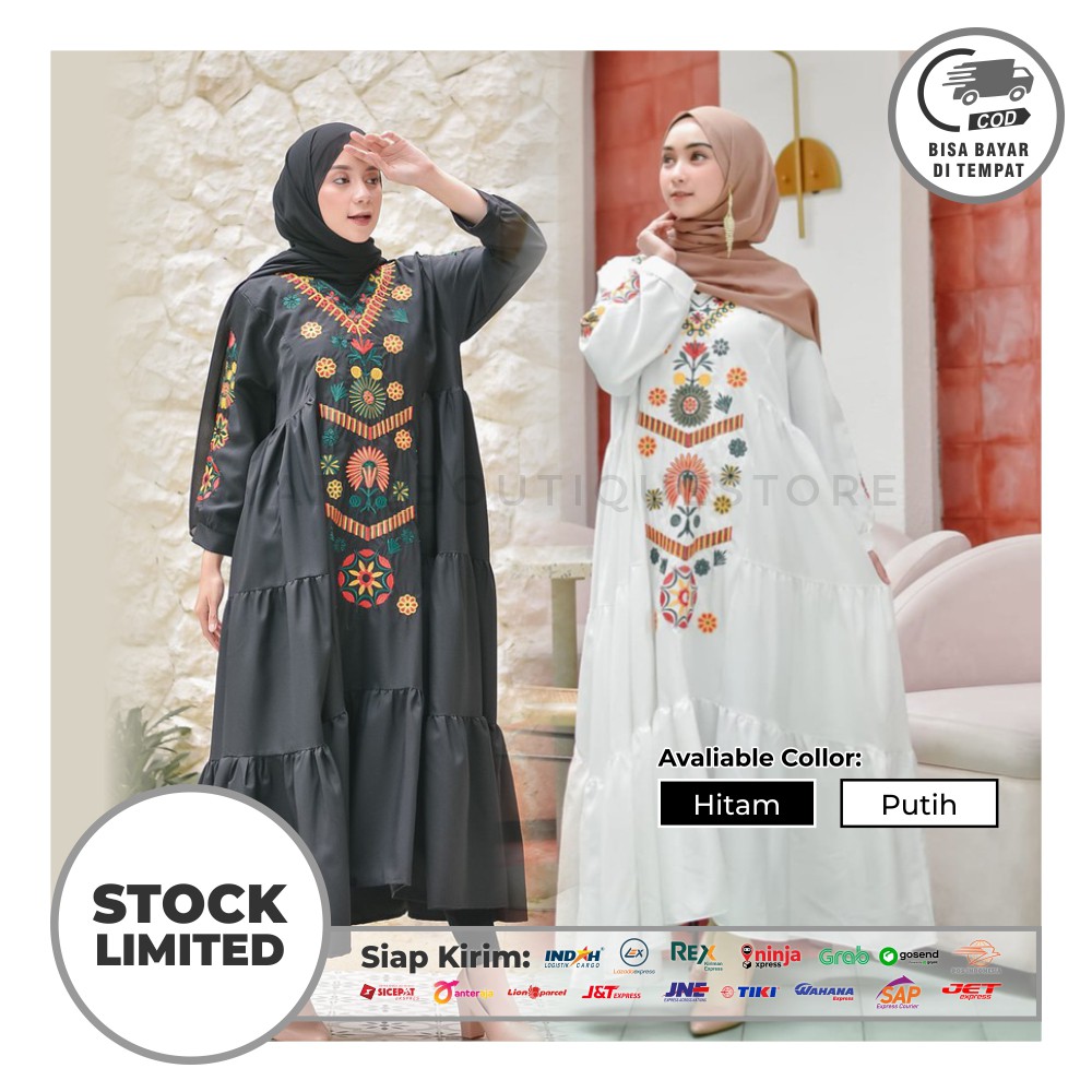 Baju Gamis Syari Muslim Wanita Hitam Putih Dewasa Motif Bordir Bunga Berkualtias