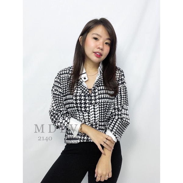 MDLV ~ 2140 Jericha Hidden Button Shirt Houndstooth Kemeja Twiscone Korea Fashion import