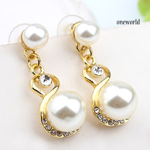 OW@ Women Faux Pearls Rhinestone Chain Necklace Earrings Wedding Bride Jewelry Set