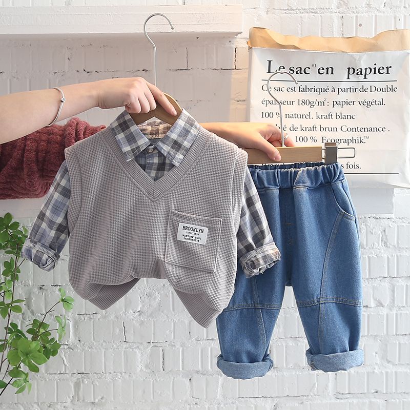 babylovanta - setelan anak import premium / setelan motif BROOKLYN GREY &amp; CREAM / setelan 0-4 tahun / setelan keren anak laki-laki