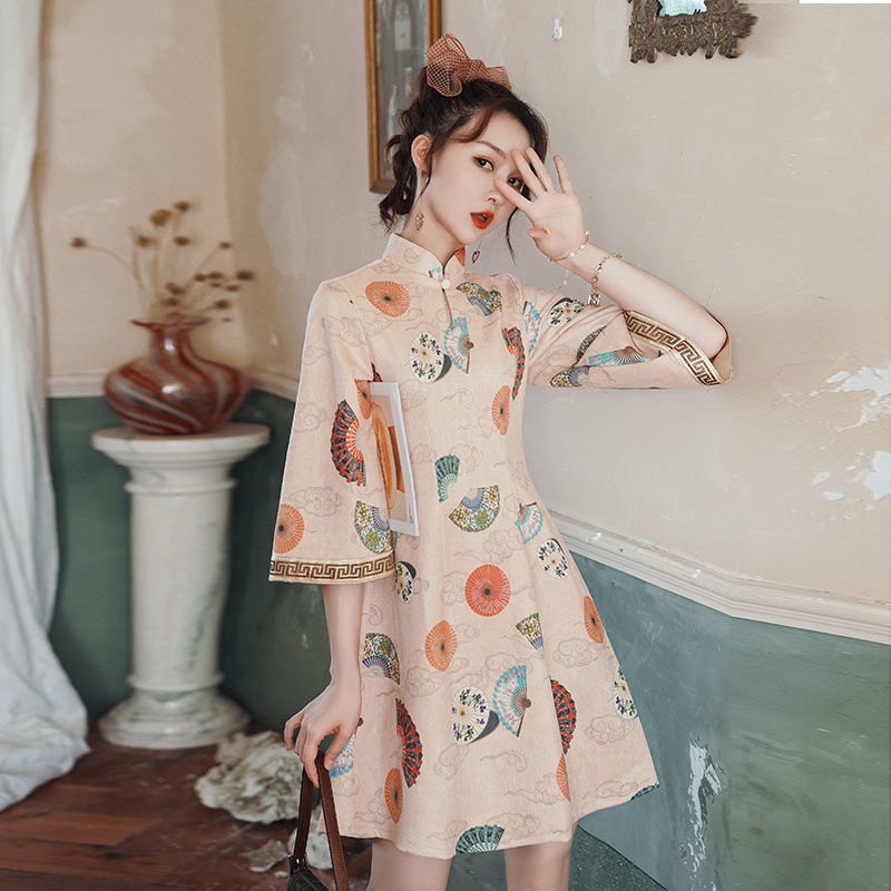 Inverted large sleeved cheongsam modified spring daily dress girl A-line skirt Chinese style short s