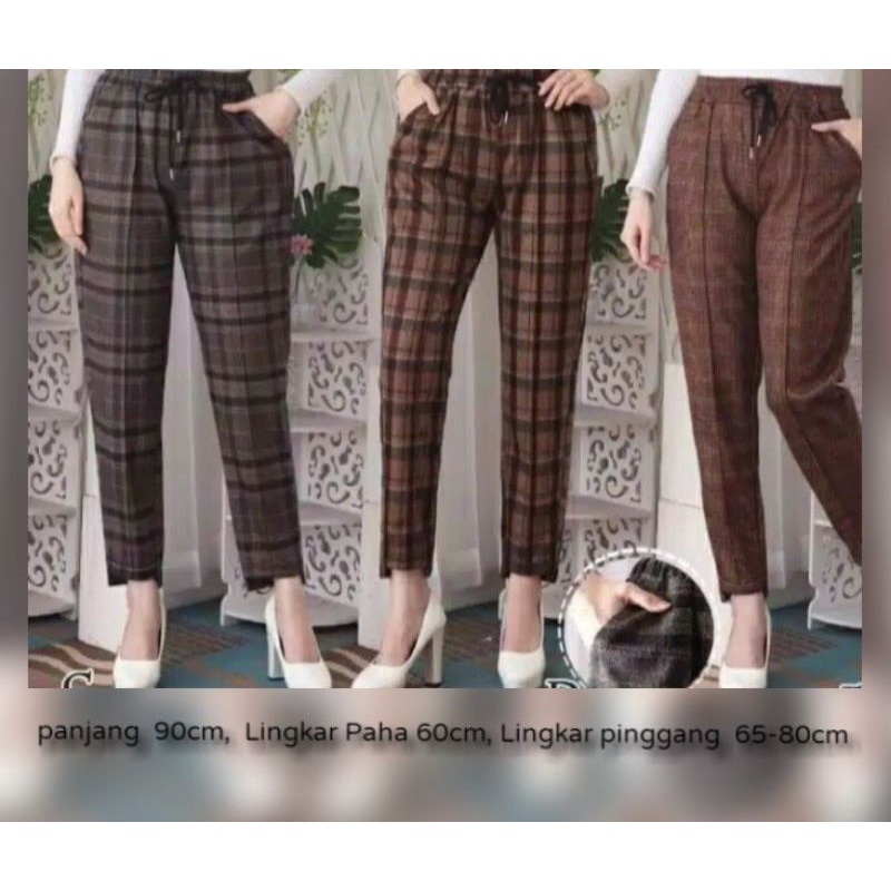 Celana tartan motif kotak kotak  bahan gabardin / celana wanita kotak kotak  /BUGGY  PANTS / CELANA