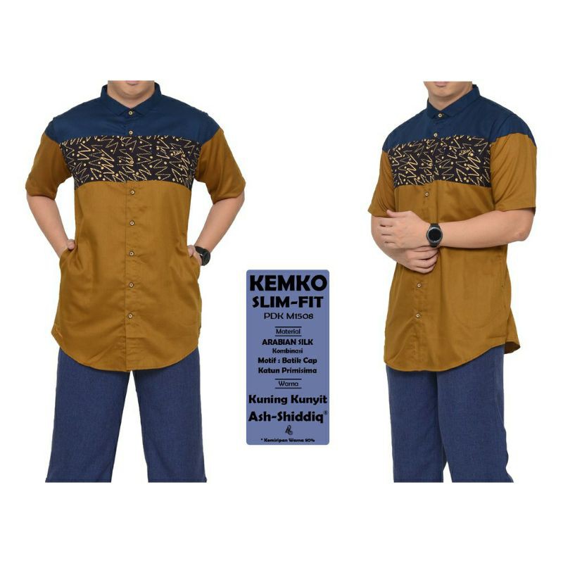 Baju Koko Kemko Premium - Ash Shiddiq Kuning Kunyit KATUN ARABIAN SILK  ( kombinasi batik ) SLIM FIT