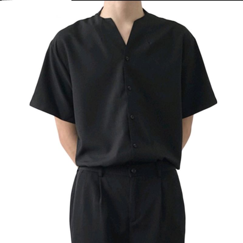 kemeja v neck / kemeja pria v neck/ kemeja lengan pendek/ kemeja cowo lengan pendek v neck