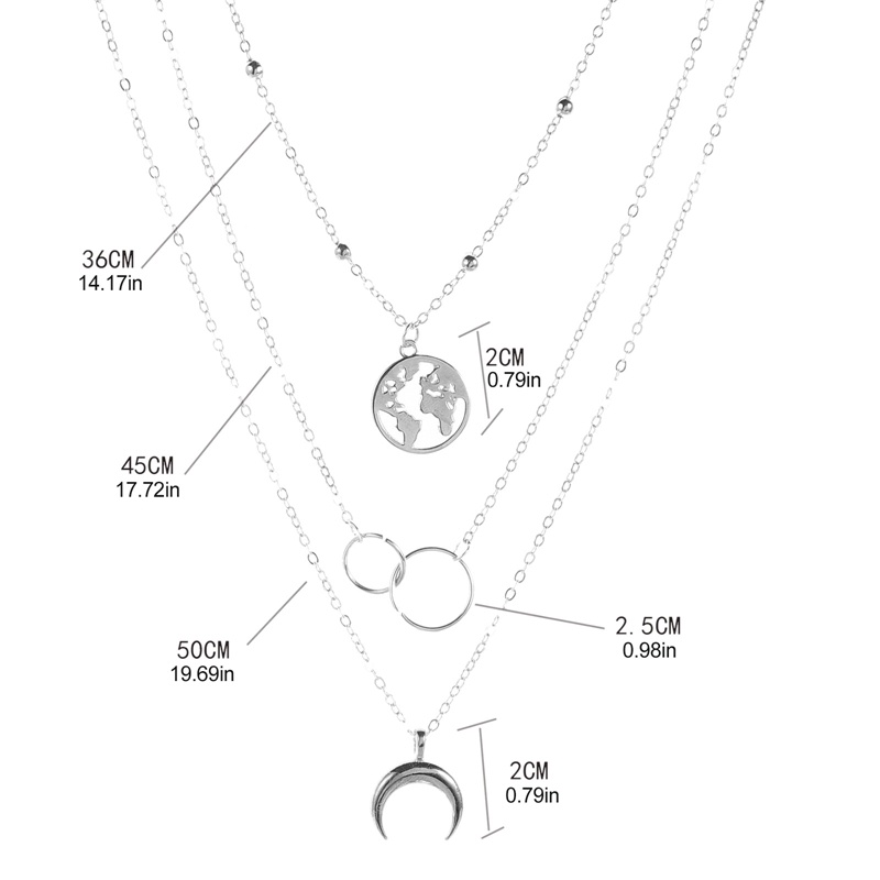 Fancyqube Kalung Multilayer Liontin Bulan Peta Dunia Warna Emas Gaya Retro Untuk Wanita