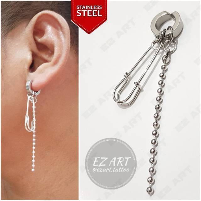 1Pc Model EZ-M Silver Anting Jepit Tusuk Variasi Bandul Gaya Punk Korea KPOP Stainless Steel