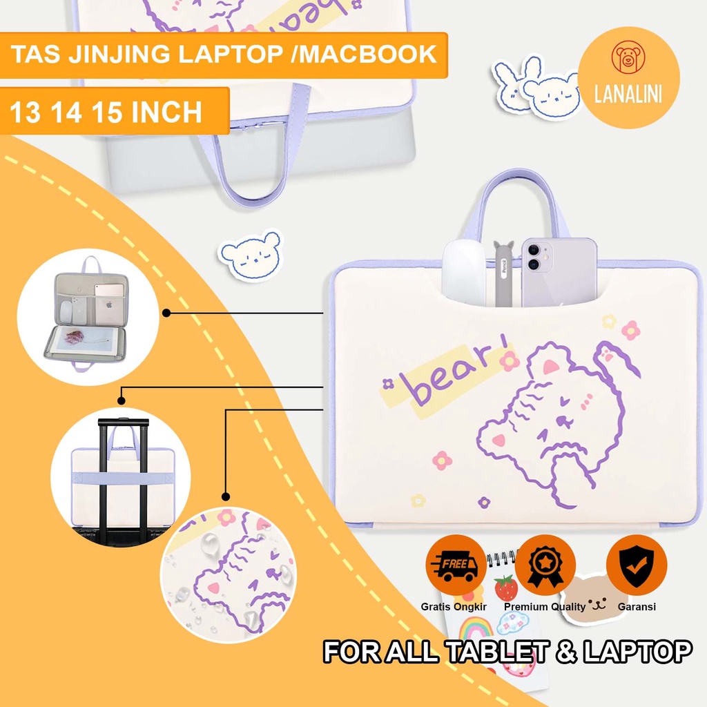 Sleeve Pouch Sarung Tas Bag Case Ipad Tab Tablet Macbook Air Pro Laptop Asus Acer Lenovo HP Huawei 11 12 13 14 15 inch Motif Gambar Kartun Cartoon Bear Beruang Warna Putih White Purple Ungu Cute Murah Korean Model Jinjing Tali Strap Waterproof Tahan Air