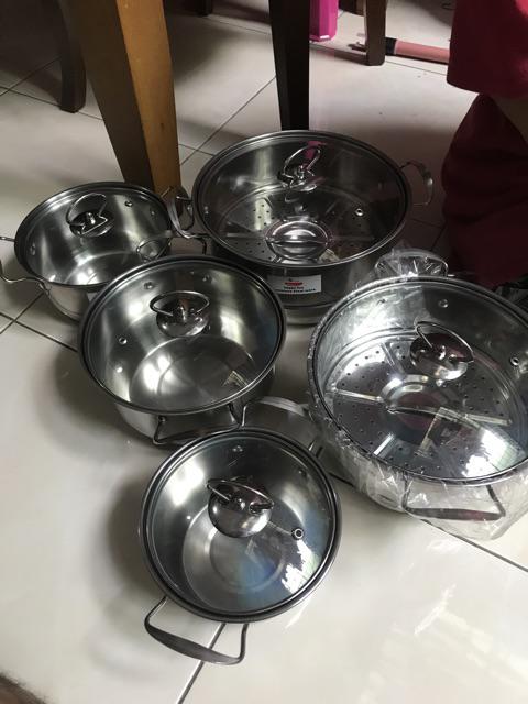 Panci Kukusan 1 Set High Pot 5 Pcs Steamer Stainless Steel Tutup Kaca