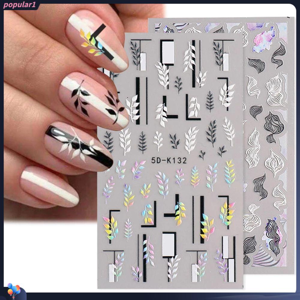 [POPULAR] Nail Decorations 5D Engraved Embossed French Design Flower Leaves Nail Stickers Manicure DIY Summer Acrylic Sliders Decals Black White