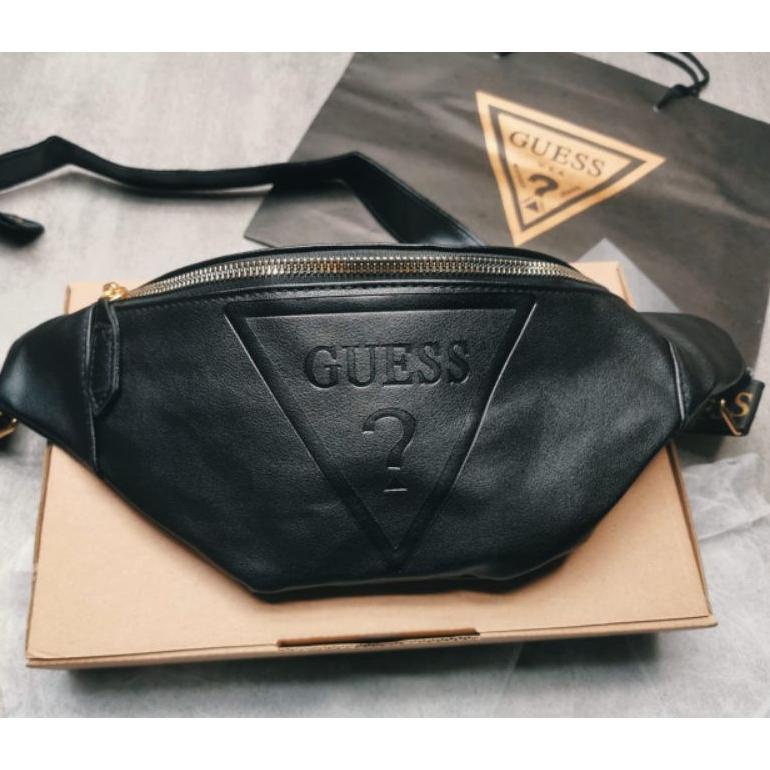 Waist Bag Guess Balck Gold Full Set/ Waistbag Pria Guess Leather Gold Tas Wanita