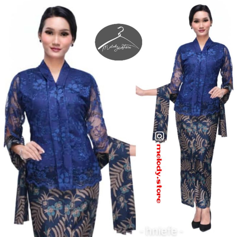 Baju Setelan Kebaya Brokat Batik Rosita Biru