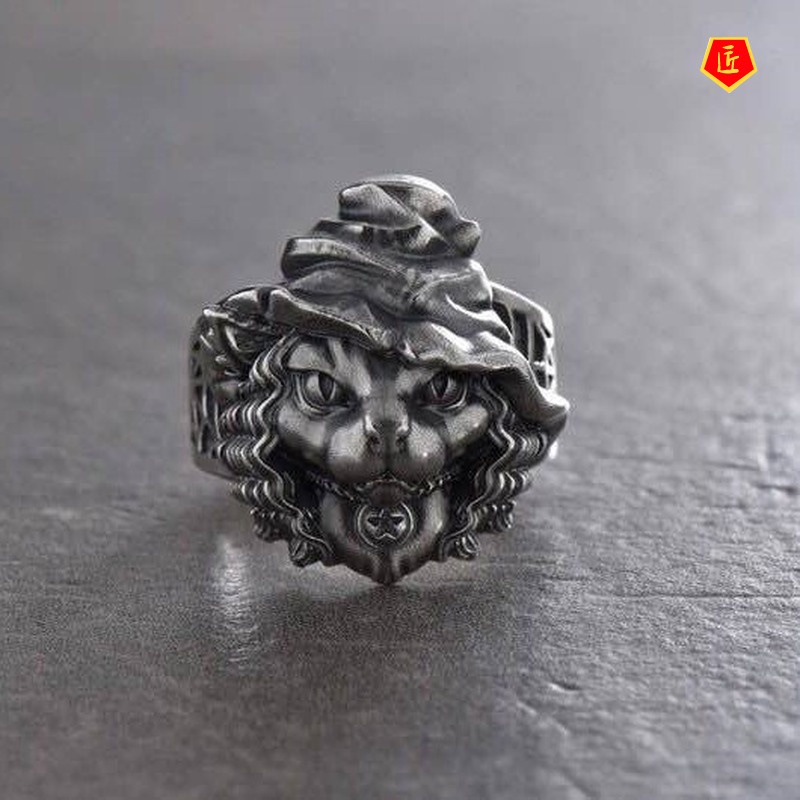 [Ready Stock]Retro Personality Animal Silver Cat S925 Silver Ring