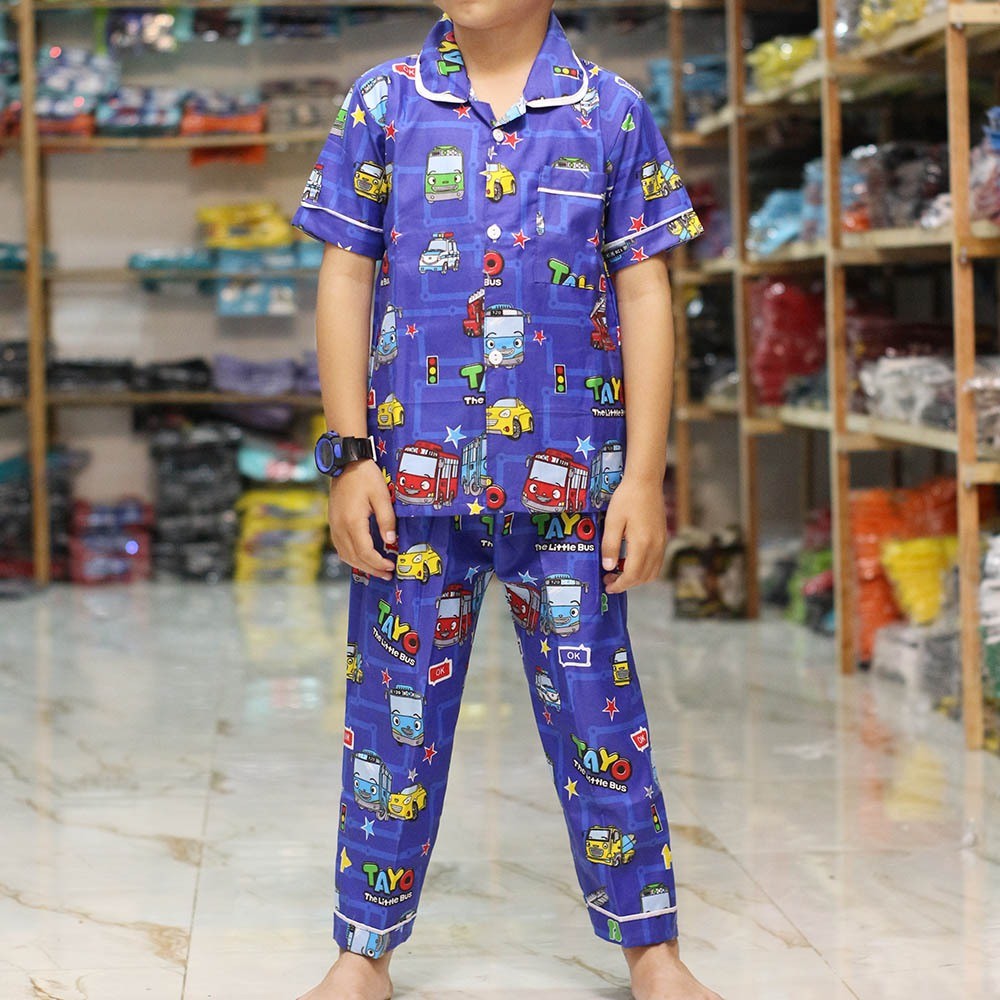 SETELAN BAJU TIDUR ANAK LUCU MOTIF  BUS  TAYO KEREN  PIYAMA 